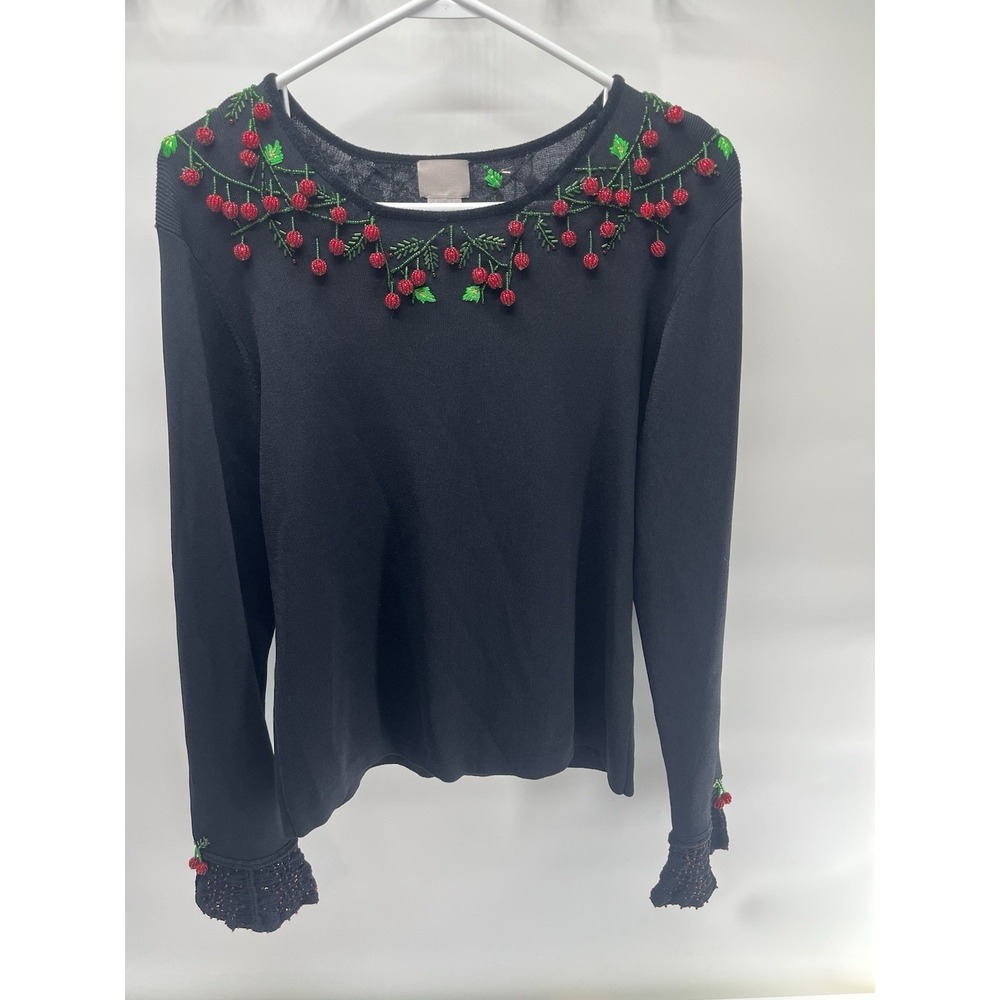 VTG Berek 3D Red Green Beaded Holly Berries Knit Flare Sleeve Sweater Size Large